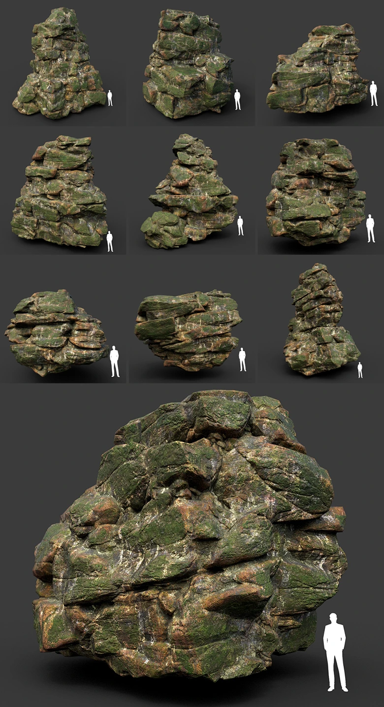 10组超写实青苔岩石3D模型素材包：逼真自然风化岩层地质结构，C4D/OBJ/FBX多格式环境场景资产