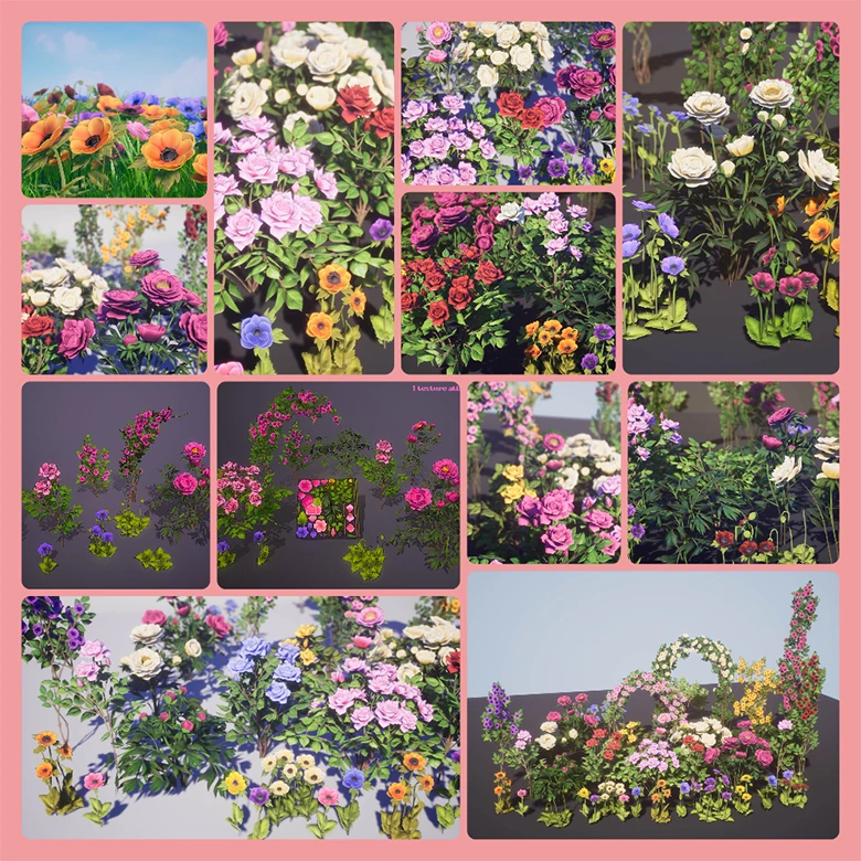 42个写实花园花卉植物3D模型合集玫瑰牡丹蔷薇银莲花支持UE5含完整材质贴图Renderhub - Flowers Pack Low-poly 3D model