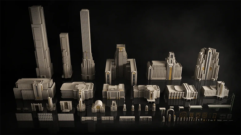 高精度建筑场景/写实古典风格城市建筑Blender/C4D/FBX三维模型素材Kitbash3D Art Deco Updated Version
