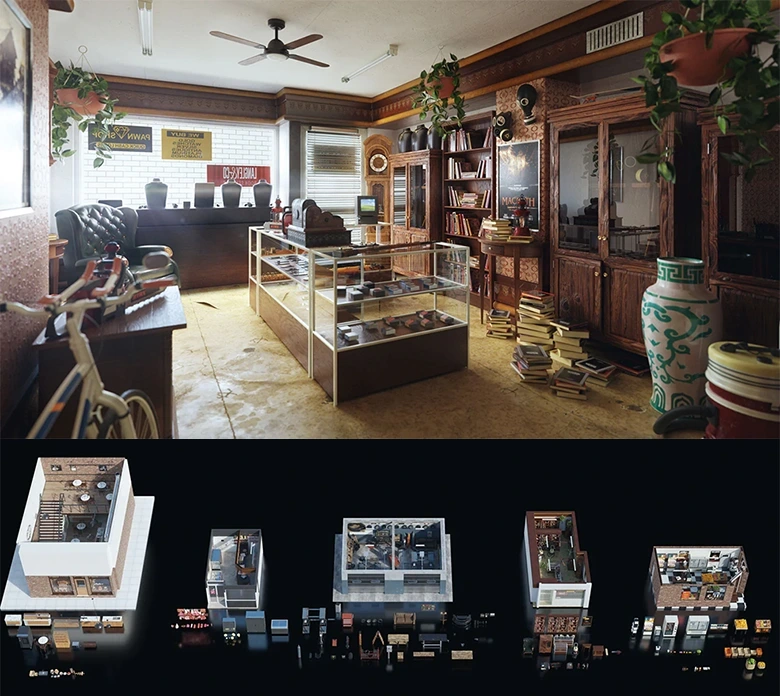 KitBash3D出品Neighborhood Shops城市商业街区场景模型资产包含完整室内外细节商店模型