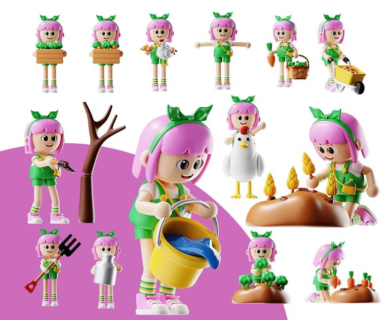 粉色头发卡通小女孩3D模型套装种菜浇水收获胡萝卜农场生活场景，高品质C4D/FBX/OBJ文件格式