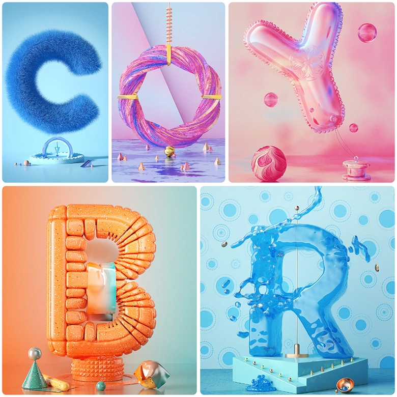 创意3D字母C4D模型套装：毛绒C、扭曲糖果O、珍珠Y、分段橙B、动态水流R高品质艺术字设计素材
