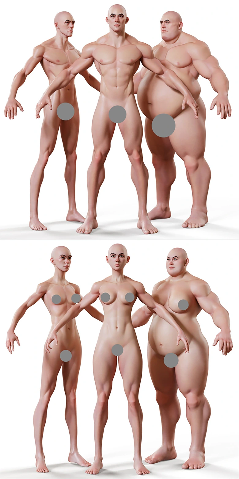 男女人C4D模型C4D/Blender/FBX/ZBrush/Marmoset，含8K高清贴图与材质完整解决方案Morphable Male + Female - Stylised Base Mesh
