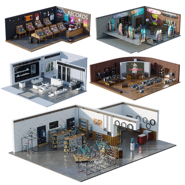 专业级商业空间3D模型五件套含唱片店服装店高端精品店滑板店自行车店KitBash3D - Retail Stores