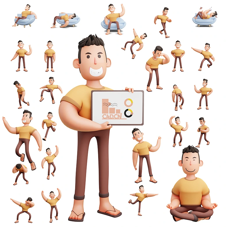 27组专业级3D卡通人物模型：时尚黄衣男孩多姿态动作集合，支持C4D/Blender/OBJ格式