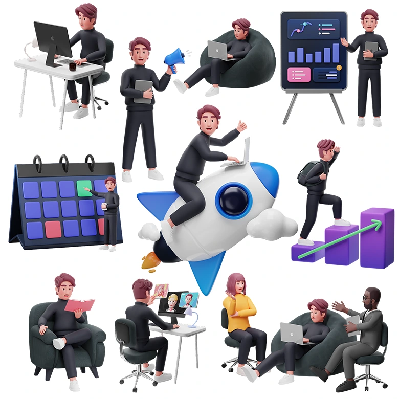 十套卡通商务办公3D角色素材，涵盖创新企业与初创团队多模式