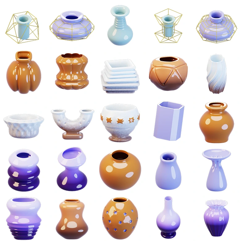 高品质卡通花瓶3D模型资源库25种创意造型C4D/FBX/OBJ格式无贴图白模自由定制材质