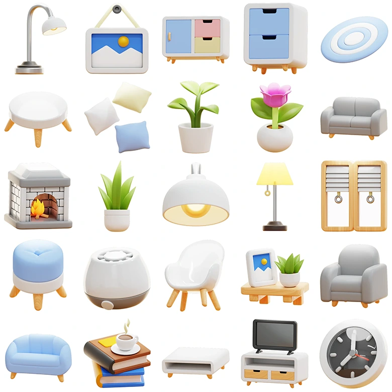 25套现代清新家装设计3D模型素材集合FBX/C4D/OBJ格式-北欧小清新家具家居物品场景白模下载