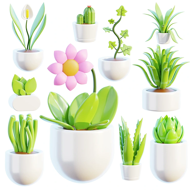 10个简约风格多肉绿植花卉盆景模型素材包含FBX/C4D/OBJ格式白色花盆装饰植物