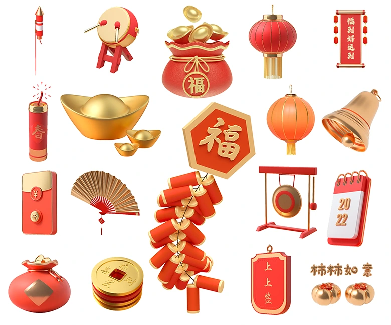 【节日素材】十八组C4D新年场景布置红灯笼鞭炮福字烟花锣鼓中国风3D模型素材